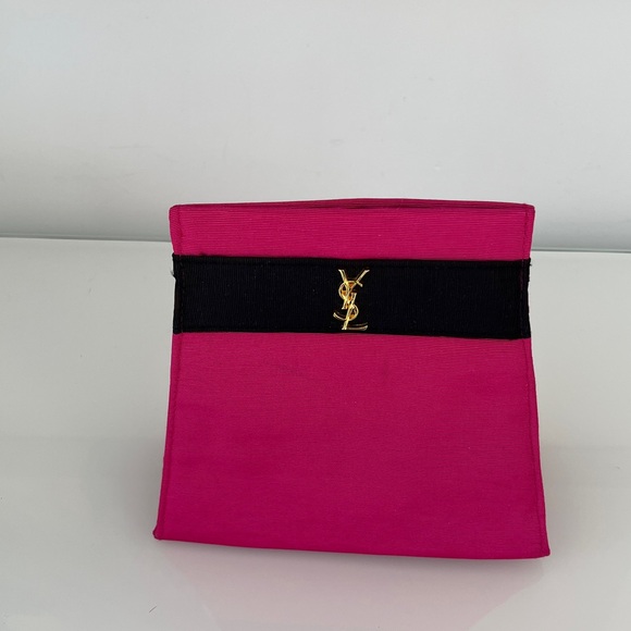 YSL Yves Saint Lauren Parfums Hot Pink Black Gold Grosgrain Clutch Authentic - Picture 2 of 12